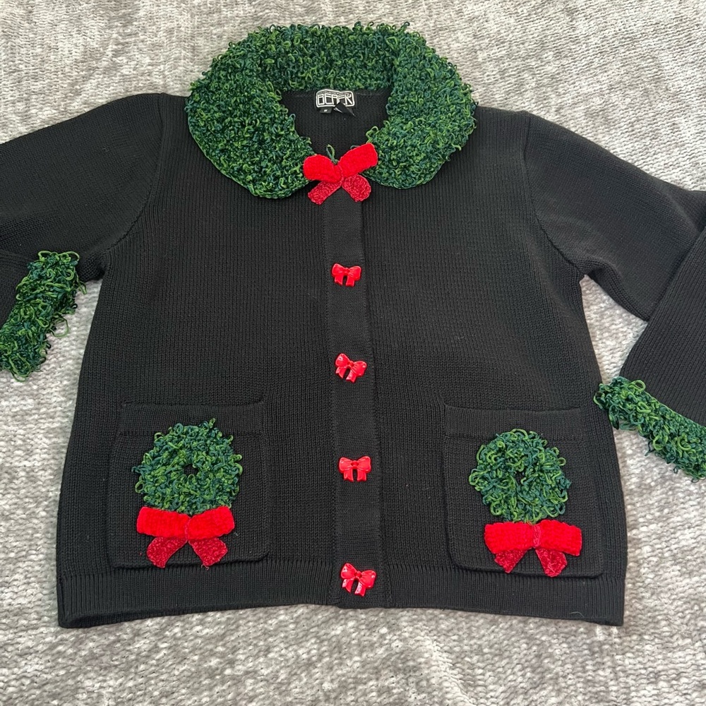 Berek Vintage Black Green 3D Wreath Bow Christmas Cardigan Sweater Sz S 90s Y2k
